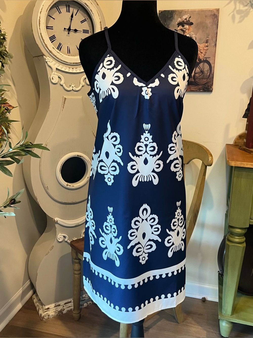 Boho Navy Blue & White Geometric Print Mini Dress Large NWOT